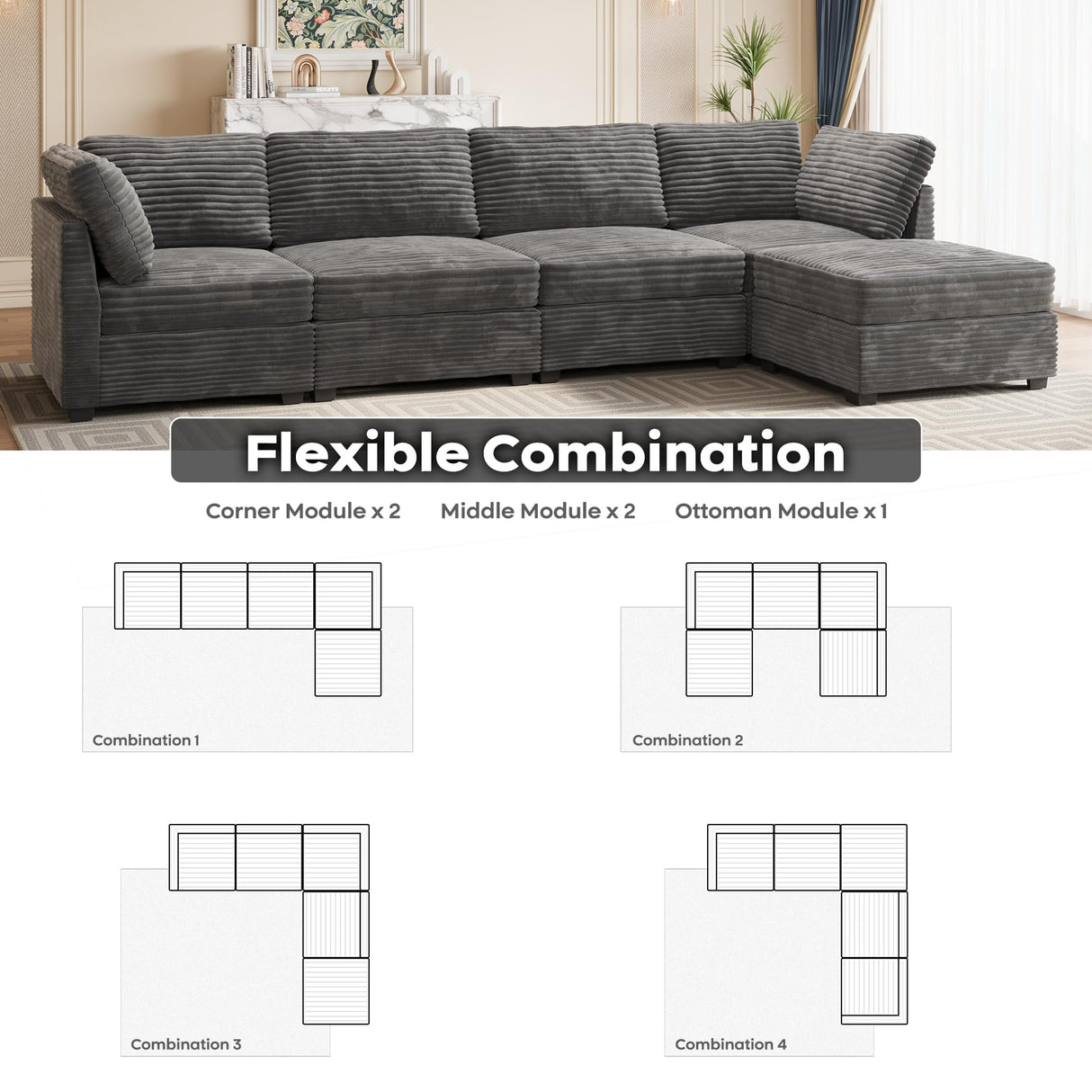 ovios Modular Sectional Sofa Couch with L-Shape Chaise Ottoman, Comfy Plush Corduroy Cloud Couches, Modern Deep Seat Sofas Set for Living Room, 5-Seater, Grey ovios