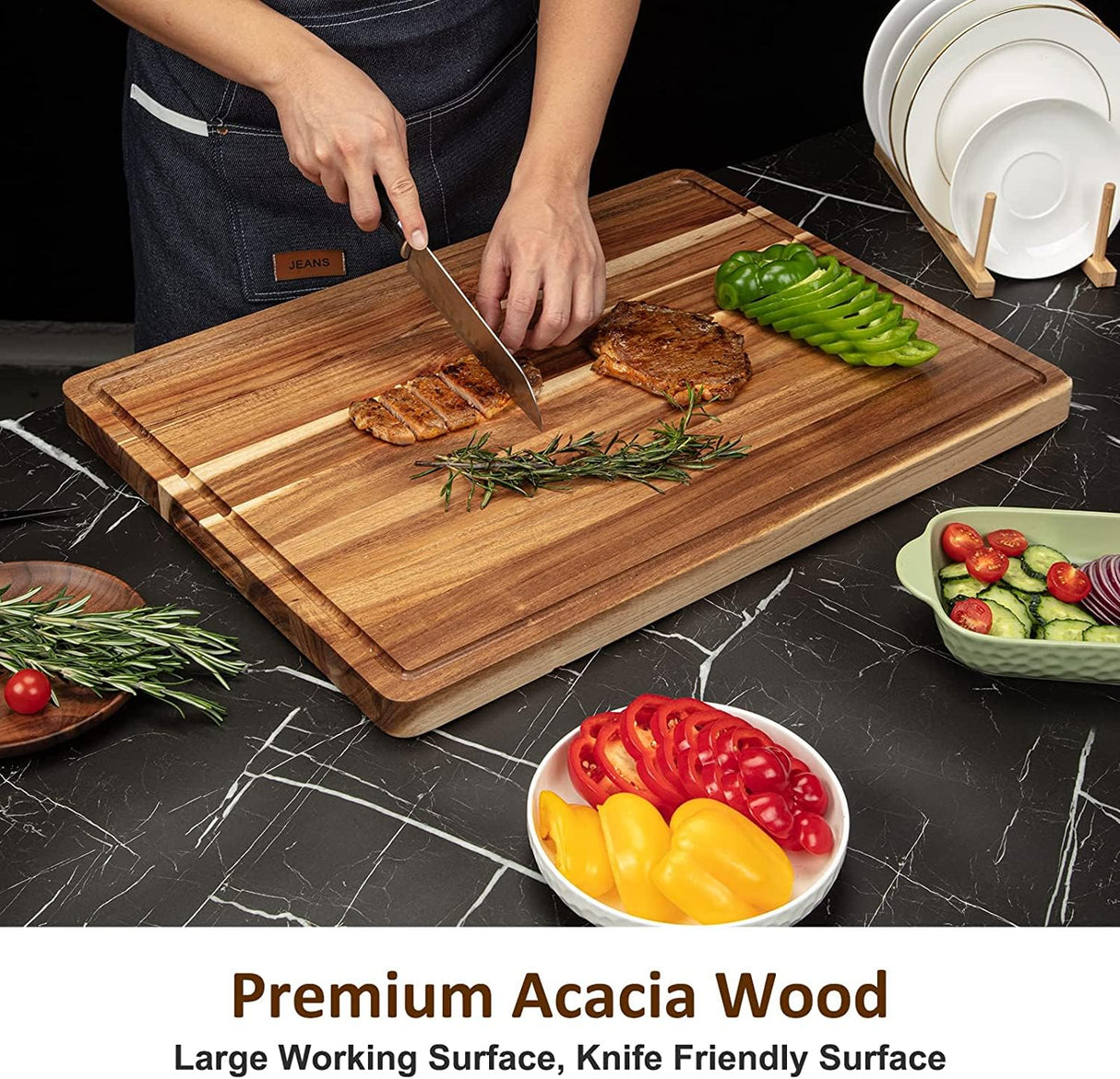 24 x 18 Inch Large Acacia Wood Cutting Board, Reversible Wooden Butcher Block Cutting Board with Juice Groove, Carving Board for Meat, Turkey, Fashionwu