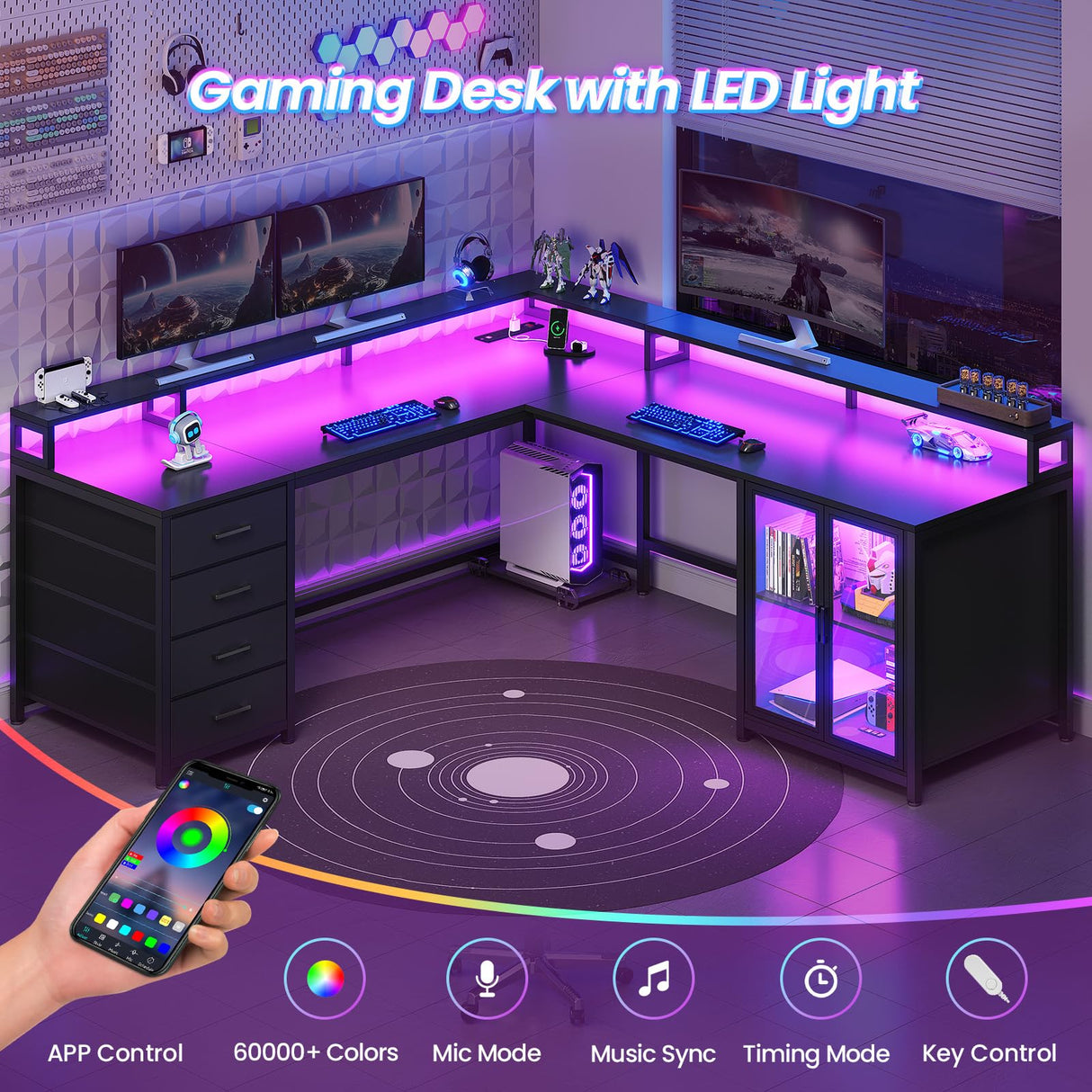 SEDETA L Shaped Gaming Desk with 4 Drawers, 109” Computer Desk with Display Cabinet, Home Office Desks with 2 Monitor Stands, CPU Stand, LED Lights and Power Outlet, Black SEDETA