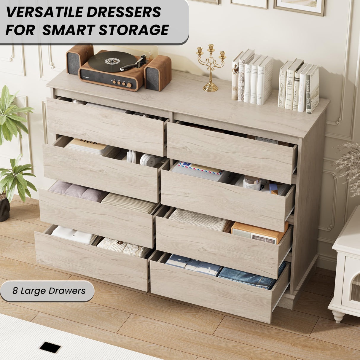 GarveeHome 8 Drawer Dressers for Bedroom, Chest of Drawers with Deep Drawers, Large Double Dresser for Closet with Wide Top, Horizontal Wooden Dresser for Living Room, Hallway, Kids Room, Oak GarveeHome