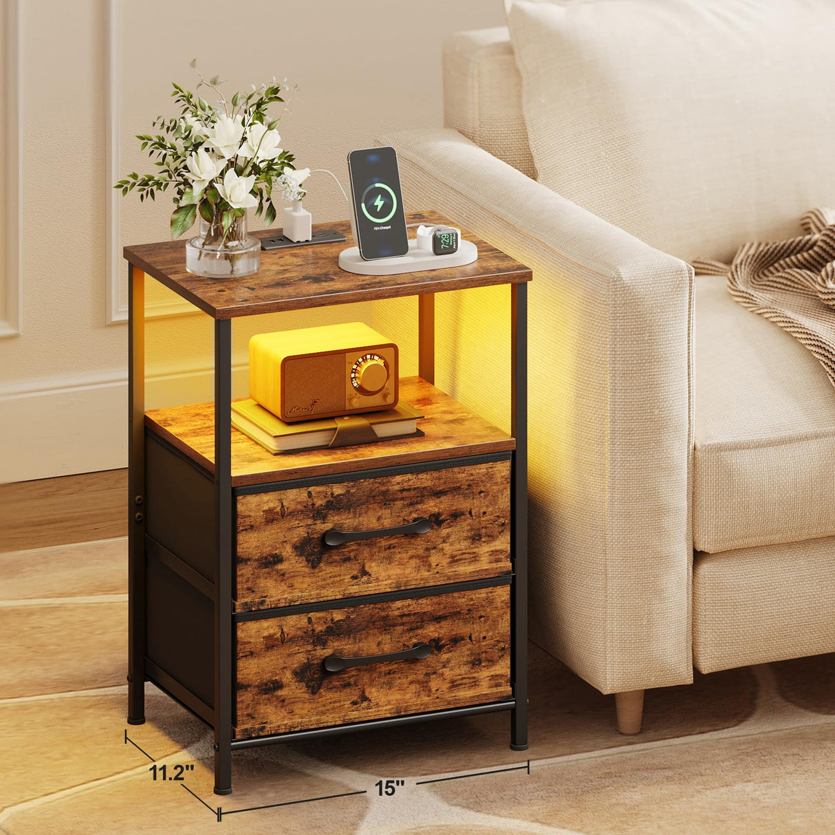 TRIFEBLE Nightstands Set of 2, Night Stand with Charging Station and Led Lights, Bedside Table with 2 Fabric Drawers for Bedroom, Small Side End Table with Open Shelf, Rustic Brown TRIFEBLE