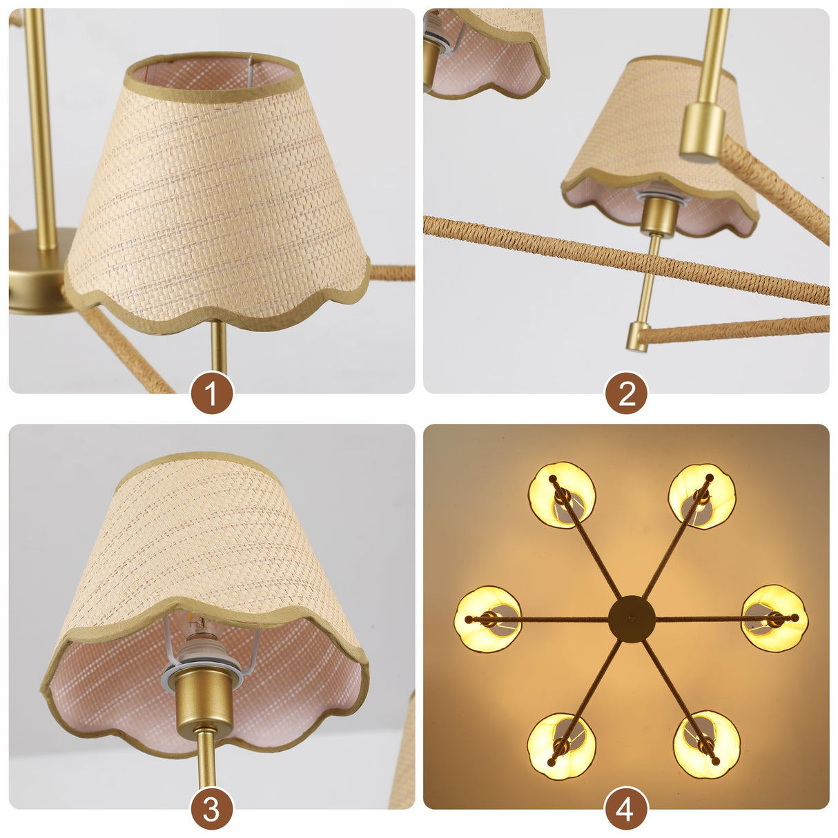 ZXFDWB Farmhouse Rattan Chandelier Light Fixture, 6-Light Boho Chandeliers for Dining Room, Adjustable Rustic Pendant Light Large Modern Gold Hanging Lighting for Kitchen Island, Living Room ZXFDWB