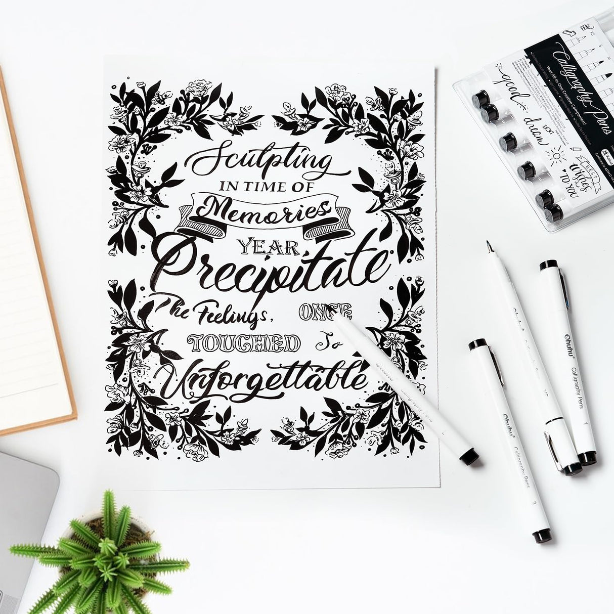 Ohuhu Calligraphy Pens, Brush Chisel Fine 10 Size Tips Pigment Black Ink Hand Lettering Pens Calligraphy Brush Markers for Beginner Handwriting Cardmaking Sketching Drawing Illustration Bullet Journal Ohuhu