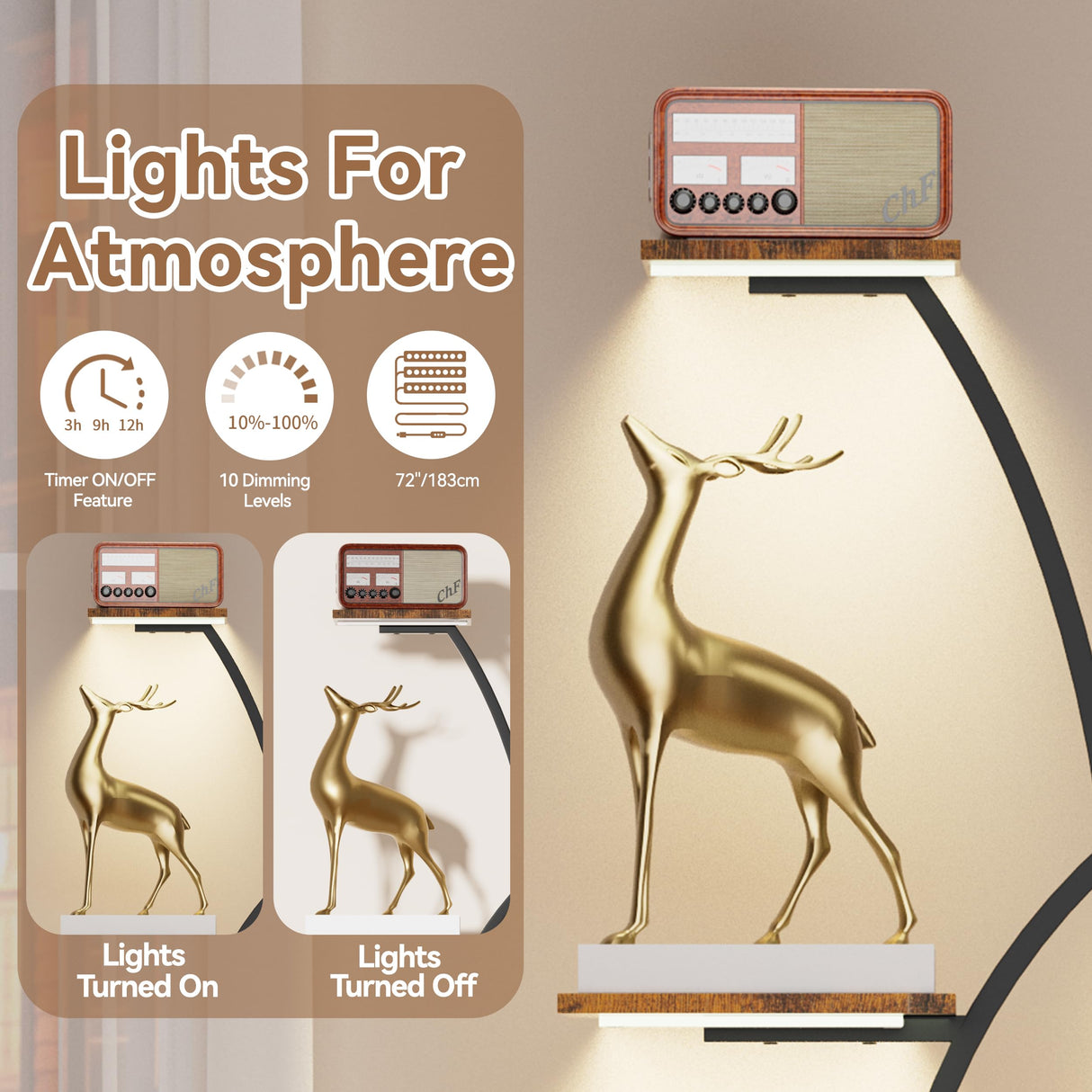 Tall Corner Shelf Stand with LED Lights, 8 Tier Bookshelf for Living Room, 65" Black Display Shelf Storage Cabinet Metal Plant Stand, Standing Rack Shelves Cases for Home Decor, Bedroom, Office JUSTOGO