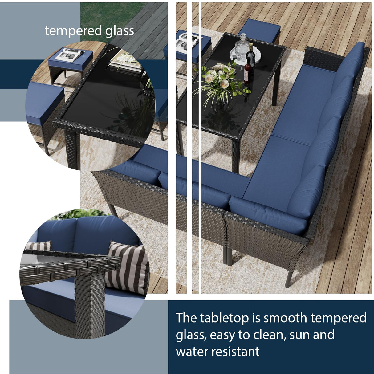Temminkii 7 Piece Outdoor Dining Set, All-Weather Patio Furniture with Seat & Back Cushions, Conversation Sectional Sofa Set with Long Glass Coffee Table for Garden, Porch, Lawn, Blue Temminkii