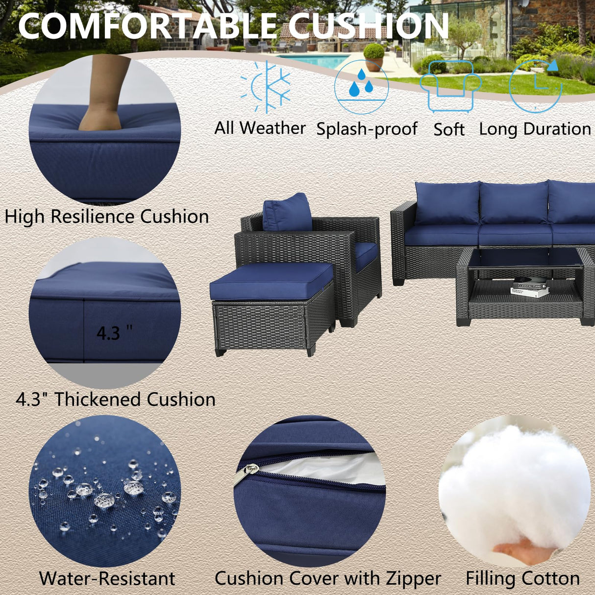 OSGMMOSG Patio Furniture Set Outdoor Furniture,Outdoor Patio Furniture 7 Pieces,Wicker Patio Furniture with Footstool and Coffee Table,Outdoor Couch for Porch, Poolside, Garden or Backyard OSGMMOSG