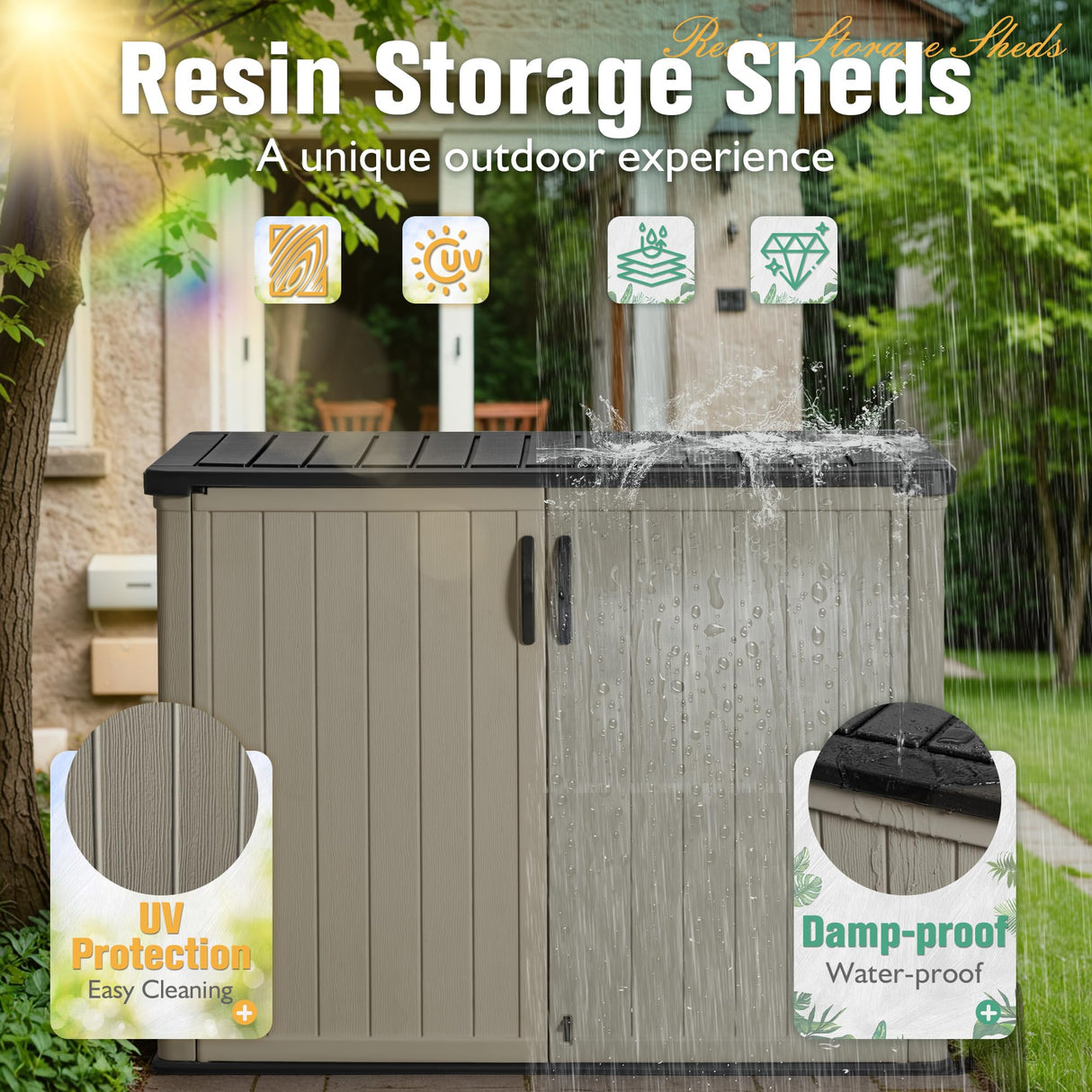 Greesum Outdoor Horizontal Storage Sheds 27 Cu.ft Resin Large Storaged Box Weather Resistance, Without Shelf, Easy to Assemble, Prefect for Garden, Patios, Backyards, Beige Greesum