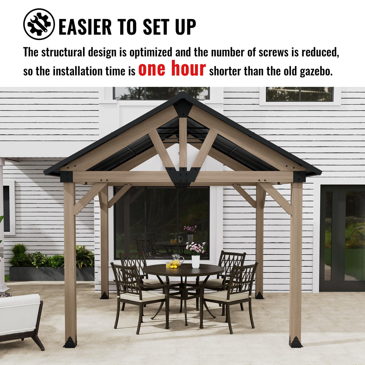 MONDAWE 10 x 12 ft. Wood Gazebo Cedar Framed Wooden Gazebo Patio Steel Hardtop Gazebo with Galvanized Steel Gable Hardtop Roof for Patio Lawn Backyard, Black Roof + Dark Wood Frame MONDAWE