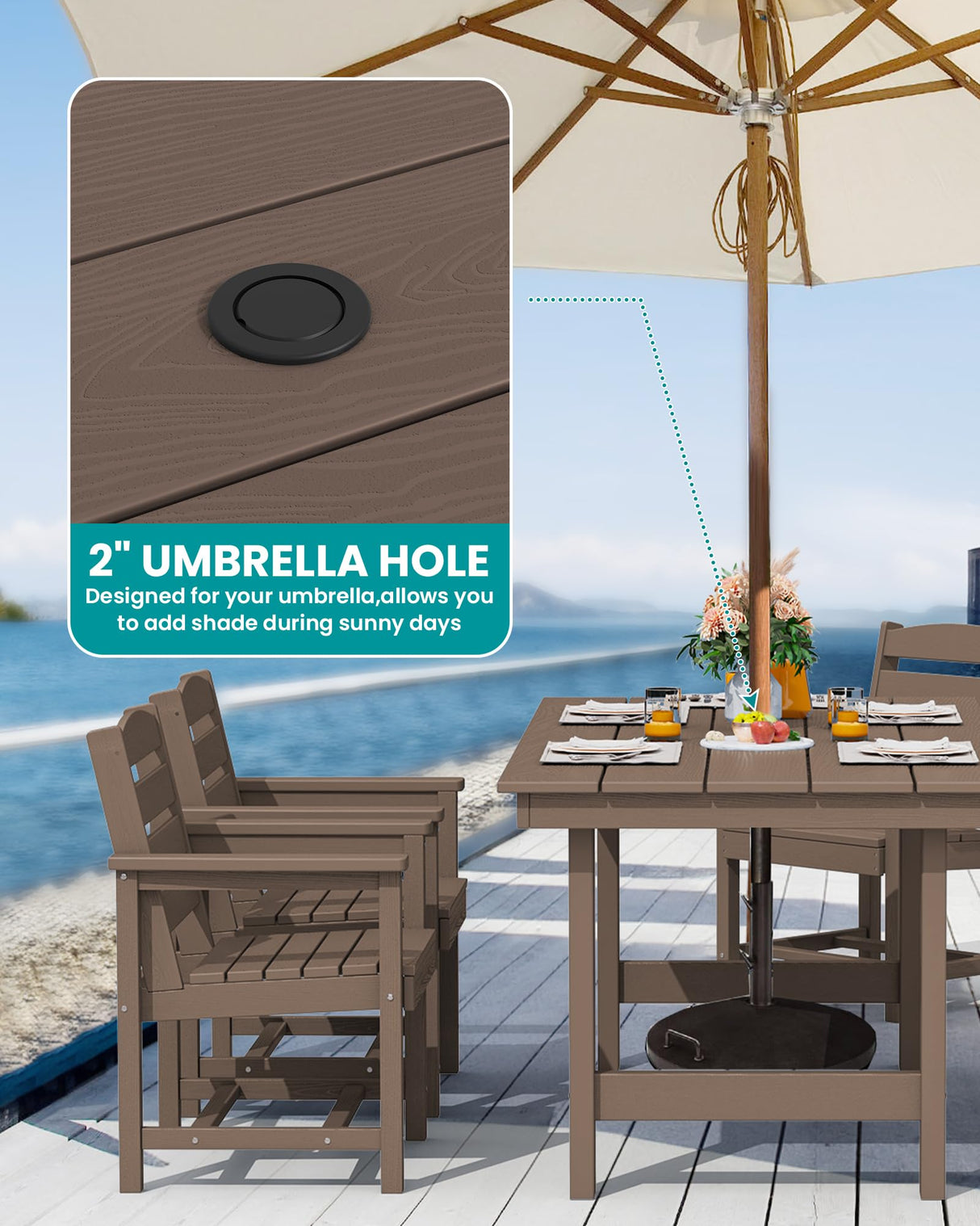 SERWALL 8-Piece Patio Dining Sets with 15FT Double Side Patio Umbrella, Outdoor HDPE Dining Furniture Set with Umbrella Hole Cut-Out Table and 6 Chairs, Coffee(Umbreall Base not Included) SERWALL