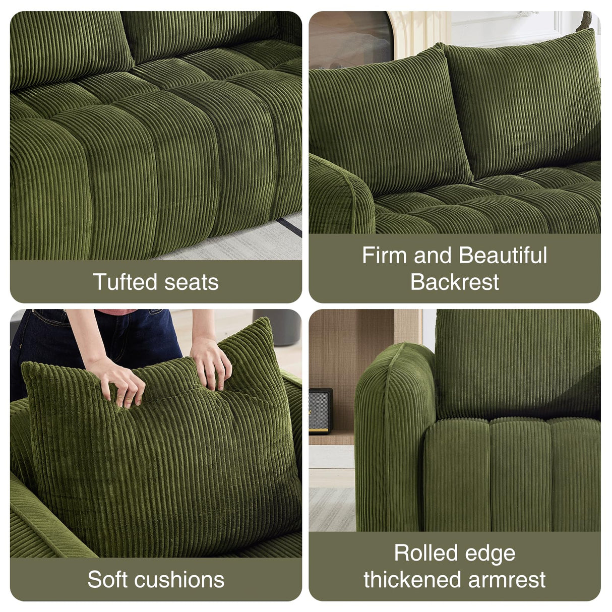 AEMEIOS Boneless Loveseat Couch for Living Room, Oversized Loveseat 2 Seater with 2 Pillow for Lovers,Corduroy Boneless Cloud Sofa Loveseats in a Box for Bedroom,No Assembly Couch, Green AEMEIOS