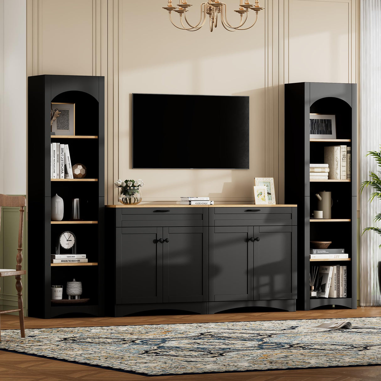 3-Piece Farmhouse Large TV Stand with Storage Cabinet for TVs Up to 70", TV Entertainment Center Media Center with Bookshelf, Versatile Sideboard with Adjustable Shelves for Living Room (Black) BEDGJH