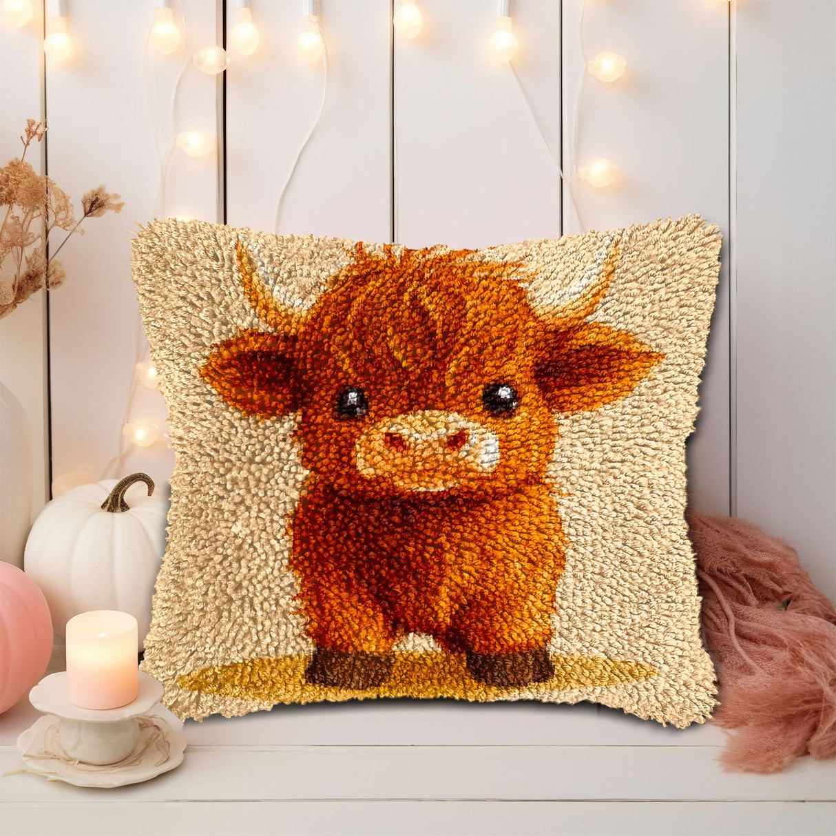 Latch Hook Pillow Kits for Adults Cute Baby Highland Cow DIY Pillow Cover Printed Pillowcase Crochet Hooking Yarns Handmade Cushion for Home Sofa Decoration 17x17inch(8) Generic