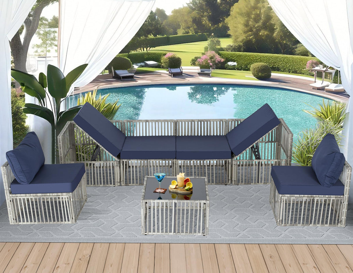 FHFO 7 Pieces Outdoor Patio Furniture Set, Wicker Outdoor Sectional Conversation Couch Set with Adjustable Backrest Sofa, Thick Cushion & Coffee Table for Garden, Porch, Poolside, Grey/Blue FHFO