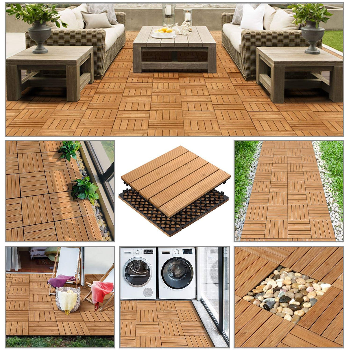 Topeakmart 27PCS Interlocking Wood Floors Patio Decking Tiles Hardwood Deck Tiles Outdoor Flooring for Garden 12 x 12in Natural Wood Topeakmart