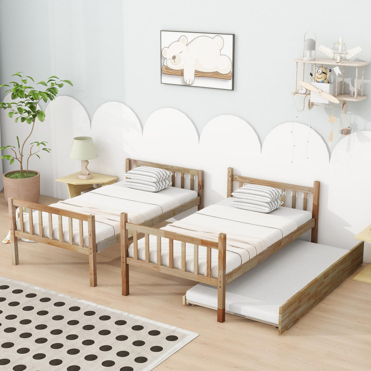 KEIKI Twin Over Twin Rubber Wood Bunk Bed with Trundle, Convertible into 2 Twin Size Beds, Twin Size Bunk Bed with Ladder and Safety Guardrails,Natural KEIKI