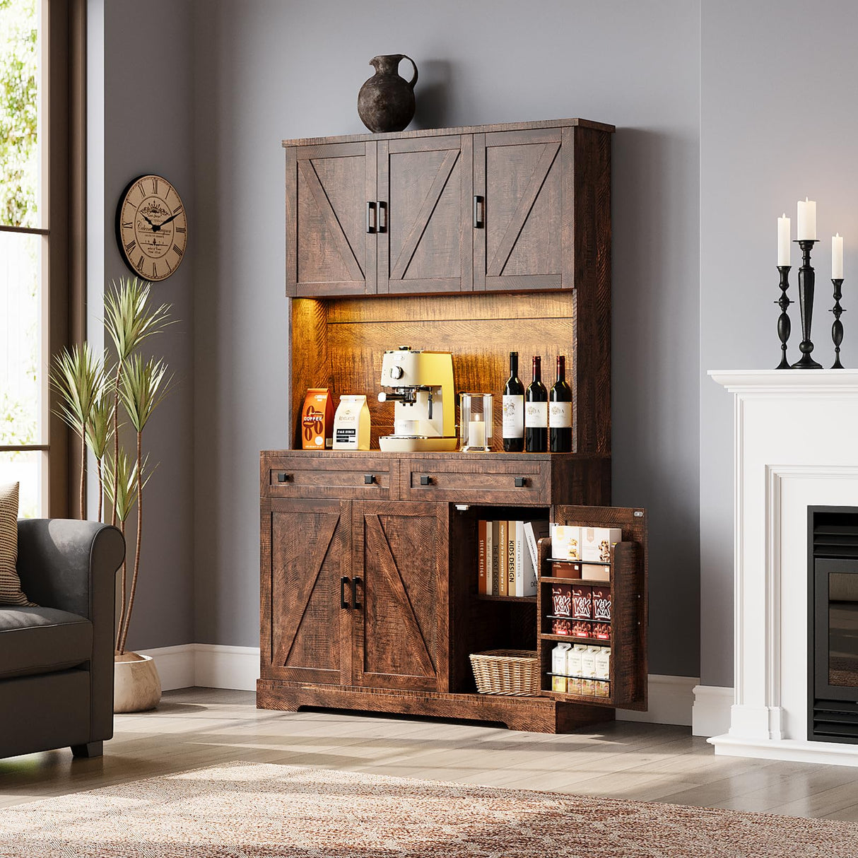 ELYKEN 71" Tall Ktchen Pantry Cabinet with Charging Station & LED Lights, Farmhouse Kitchen Hutch Cabinet with Microwave Stand & Large Countertop for Dining Room Living Room, Brown ELYKEN