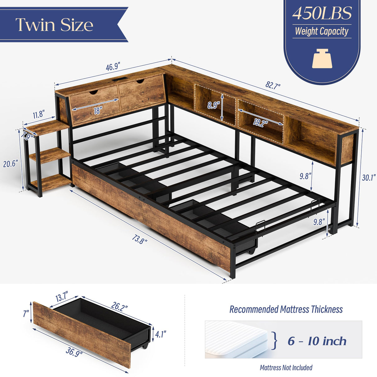 MU Twin Corner Bed Frame with Storage Bookcase and Headboard, Metal Daybed with LED Lights, Charging Station, Shelves and Drawers for Living Room, Bedroom & Guest Room, Rusic Brown MU