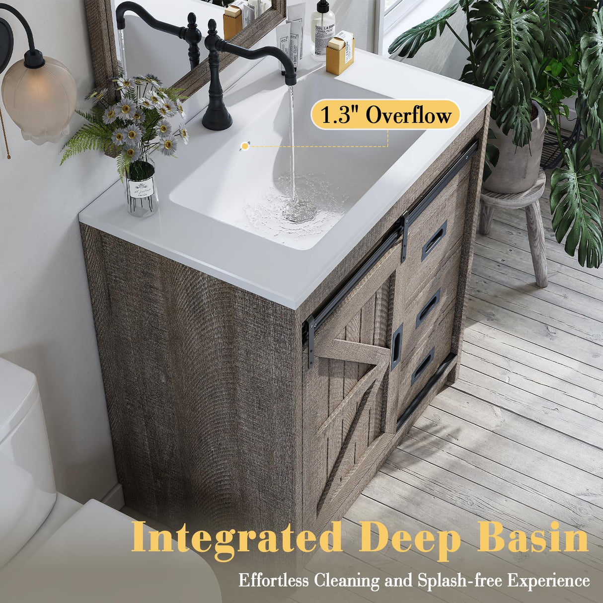 LUXOAK 31" Farmhouse Sliding Barn Door Bathroom Vanity with Sink Combo, Bathroom Vanity Cabinet with Drawers & Metal Handles, Freestanding, Gray LUXOAK