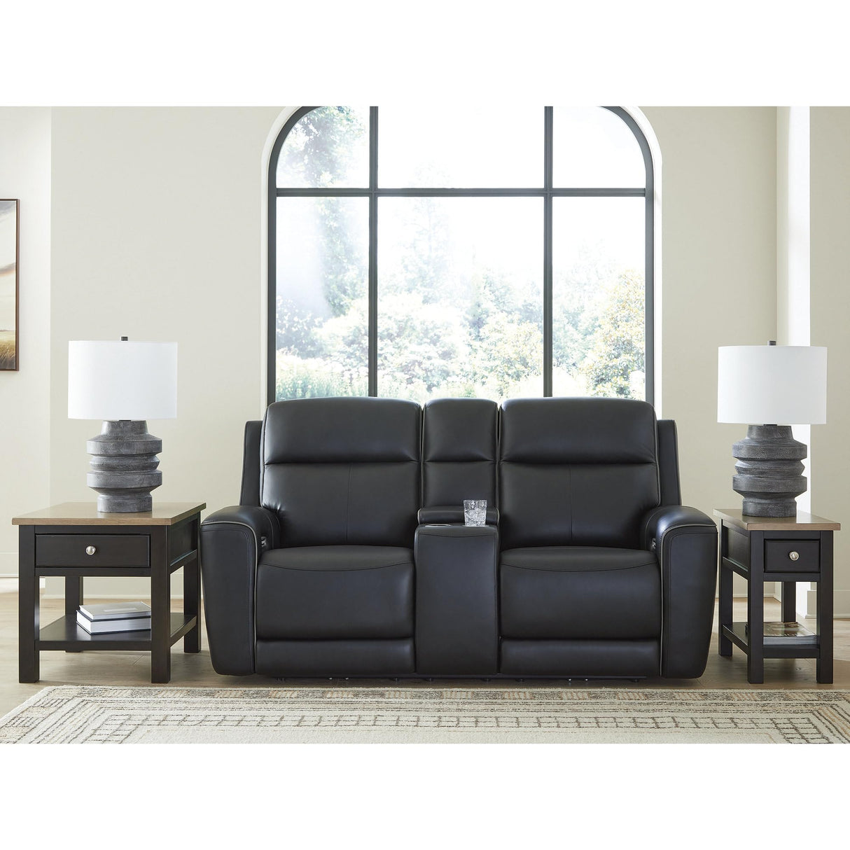 Signature Design by Ashley 5Z-Dreamlight Modern Leather Match Power Reclining Loveseat with Console, Adjustable Headrest and USB Charging, Black Signature Design by Ashley