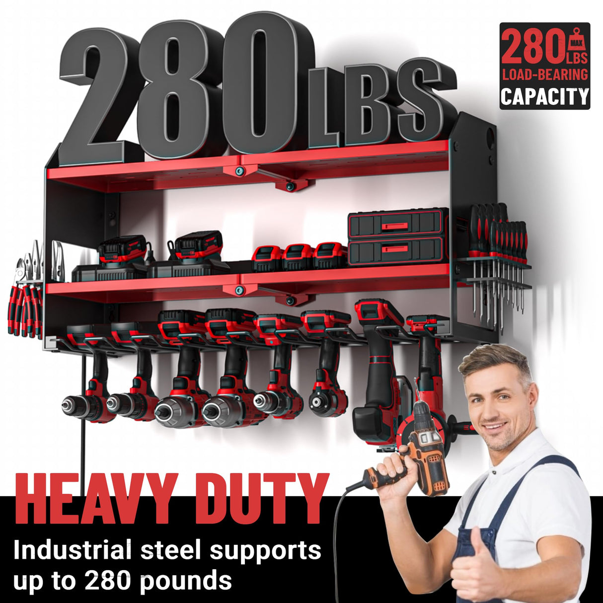 YYR Power Tool Organizer with Charging Station Wall Mount, Cordless Drill and Battery Holder for Garage Organization, Electric Tools Storage Rack Build in Surge Protection Power Strip - Red Shelf YYR