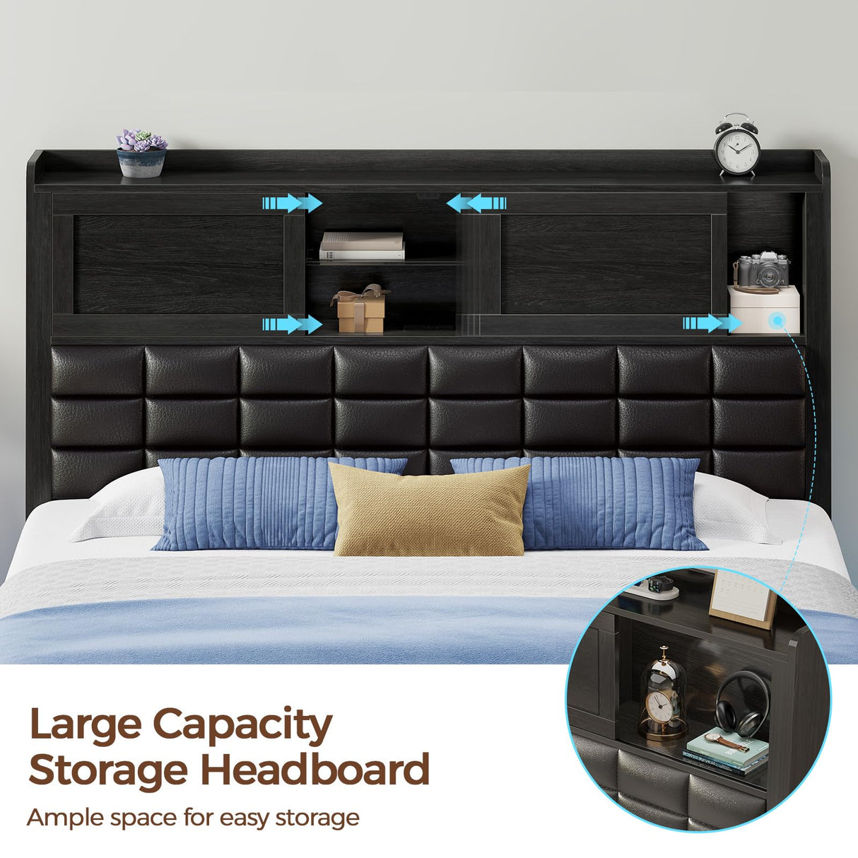 Rolanstar Bed Frame Queen Size with Charging Station, Bookcase Headboard Bed with LED Light and Sliding Doors, Platform Bed with Wooden Slats, No Box Spring Needed, Noise Free, Black Rolanstar