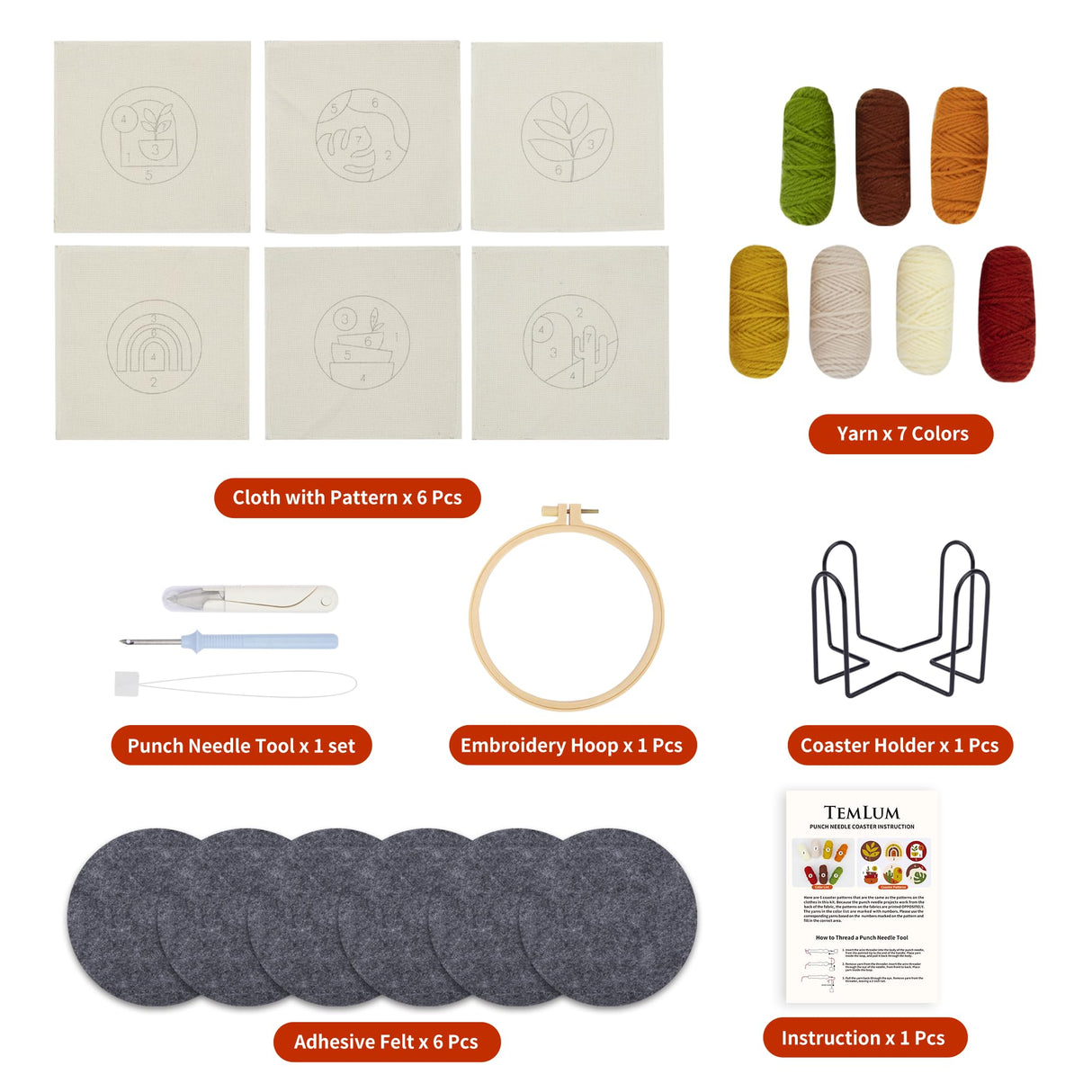Temlum Punch Needle Coasters Kit, Punch Needle Embroidery Kit for Beginners and Adults Including Patterns, Tools, Yarns, Hoop, Instruction, Coaster Holder Coaster Art Craft Supplies (Plants) Temlum