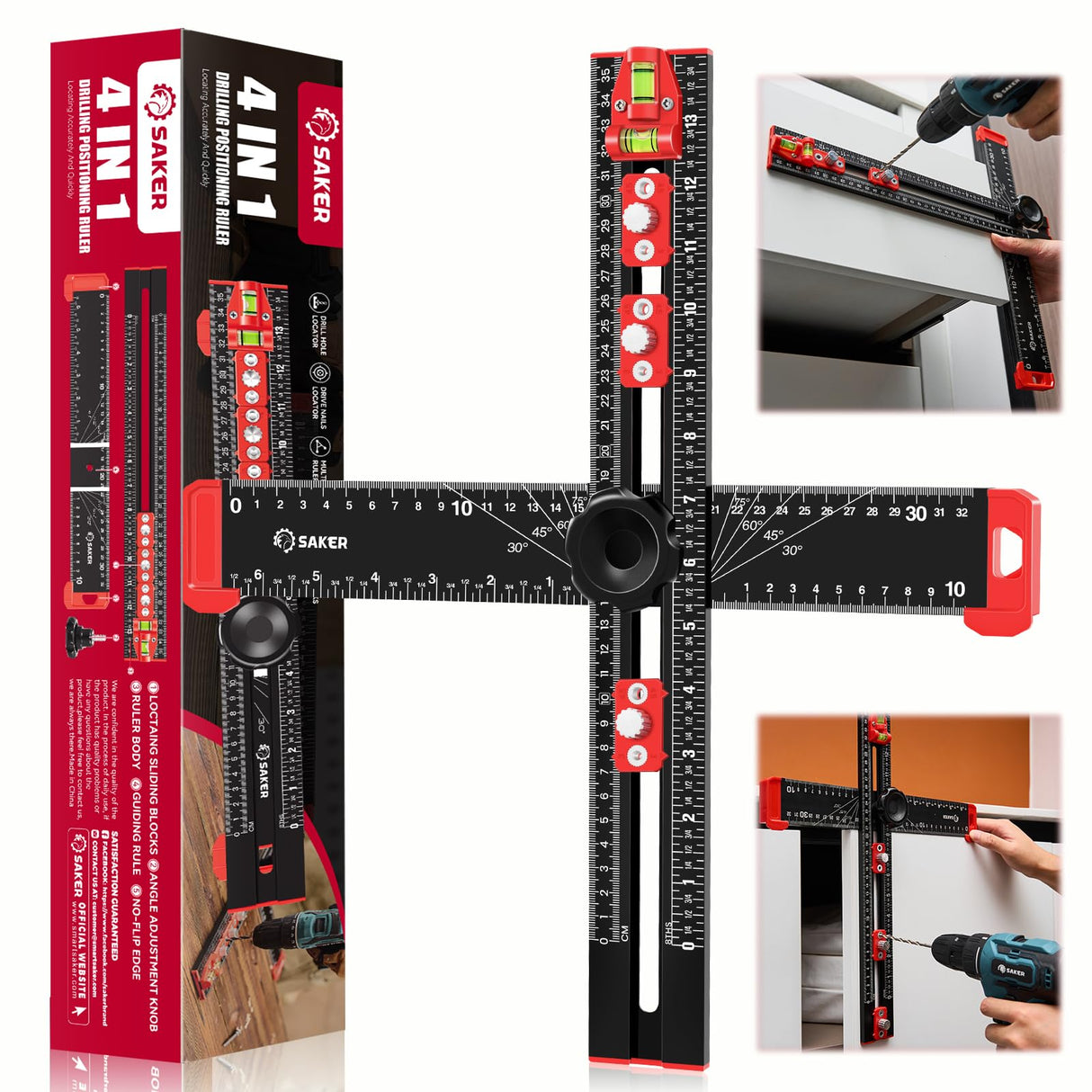 Saker 4-in-1 Drilling Positioning Ruler, Adjustable 13.78in Multifunctional T Square Ruler, Cabinet Hardware Jig, Marking Gauge Tools for Woodworking, Cabinet Drawer Door Hole Drilling Template Saker