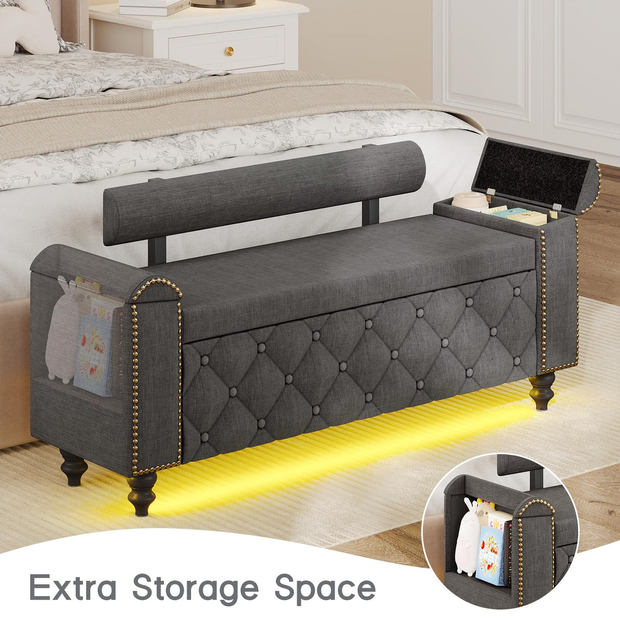 51" Ottoman with Storage, Storage Ottoman Bench with Upholstered Backrest, Tufted Entryway Bench with Curved Arm Support, End of Bed Bench with LED Lights,Storage Bench for Bedroom,Living Room,Grey Tagafi