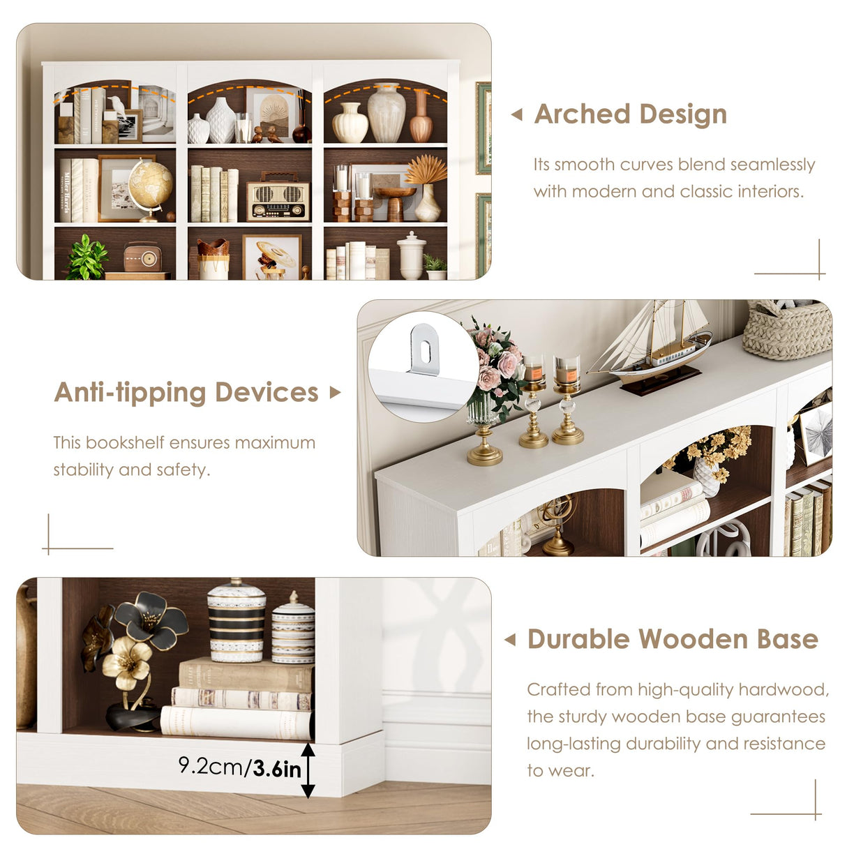 FACBOTALL 71" Triple Wide Bookshelf, 6 Tier Tall Bookshelf, Large Bookcase with Curved Baffle, 63.4" Wide Book Shelf with 18 Open Display Shelves for Living Room, Study, Walnut and White FACBOTALL