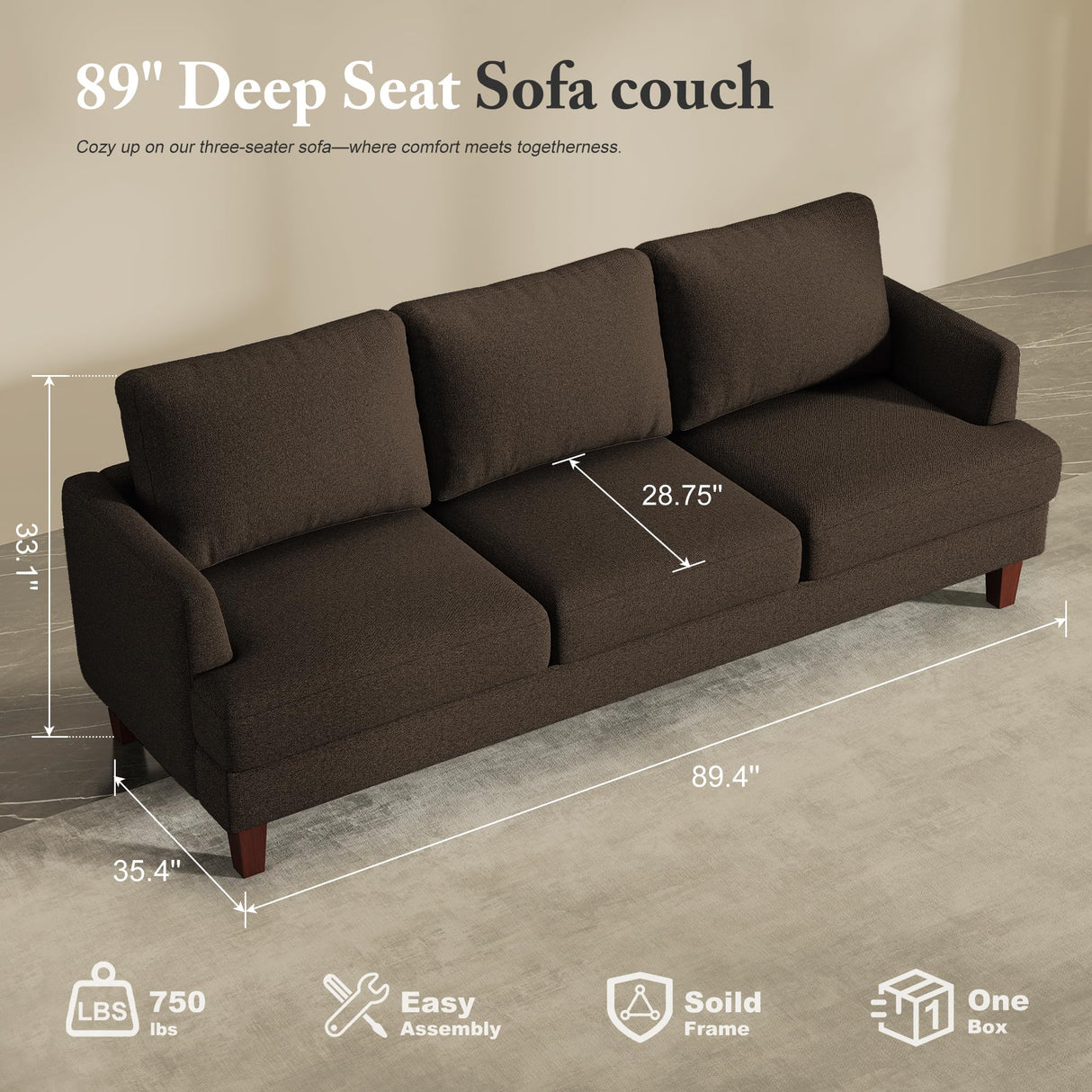 Busaurus 3 Seater Sofa Couch with Deep Seats, 89" Mid Century Modern Upholstered Sofa with Armrests, Comfy Couches for Living Room, Bedroom, Apartment and Office (Brown) Busaurus