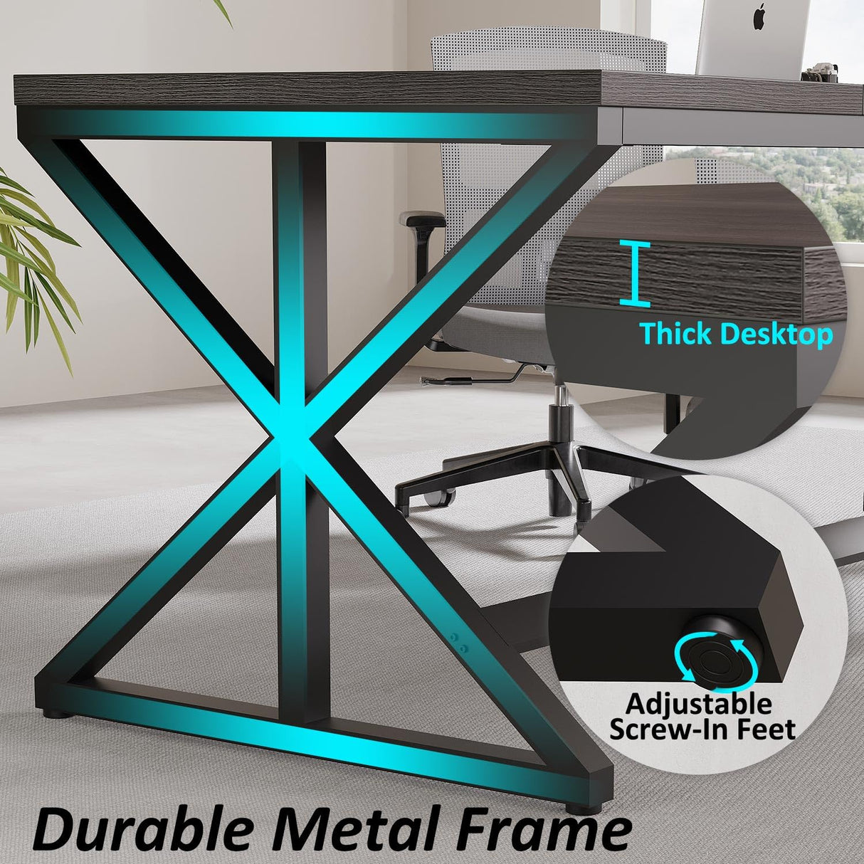 IBF Long Grey Computer Desk, Modern Large Wood Metal Office Desk, Industrial Pc Study Gaming Writing Table for 2 Person, Executive Workstation for Home Bedroom Living Room, Dark Gray, 70 Inch IBF