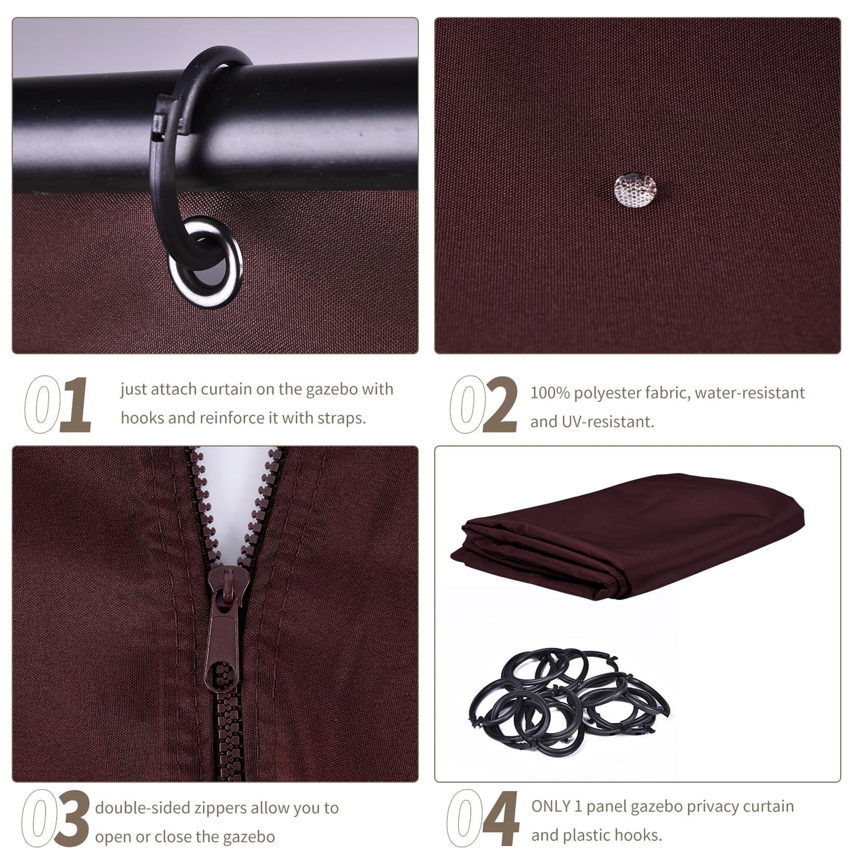 AONEAR Gazebo Privacy Curtain with Zipper Side Wall Universal Replacement for 10' x 10' Gazebo, Patio, Outdoor Canopy, Garden and Backyard,Coffee Brown (1-Panel Curtain Only) aonear