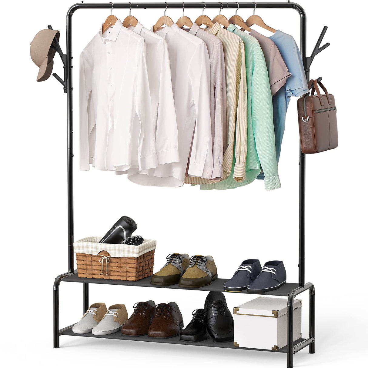 Simple Houseware Garment Rack with Storage Shelves and Coat/Hat Hanging Hooks Simple Houseware