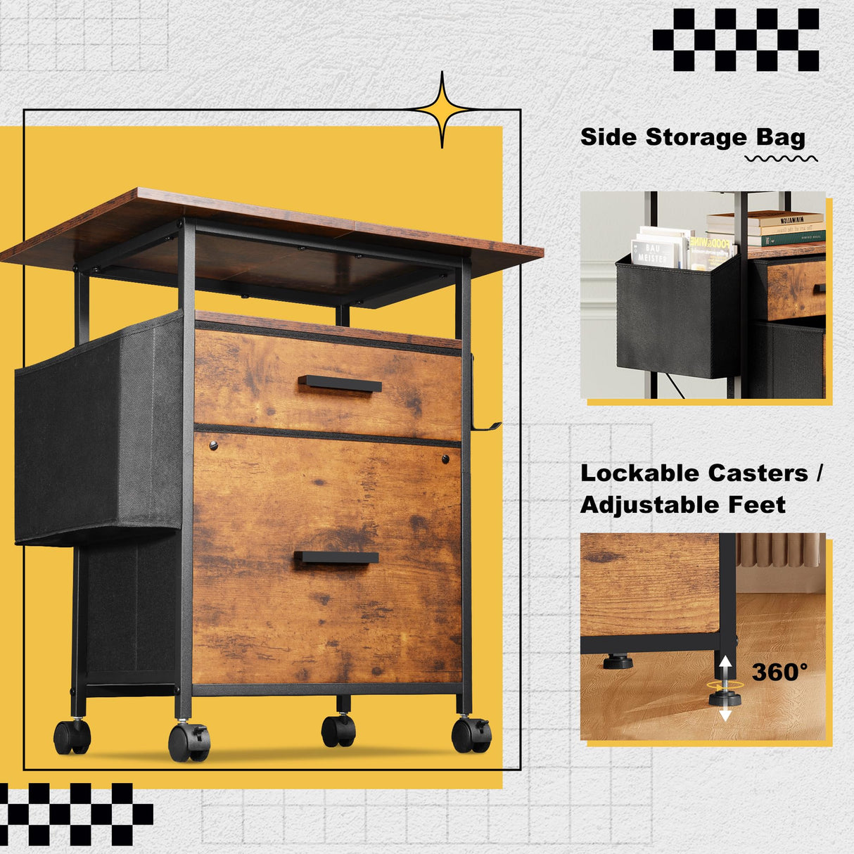 NASHZEN File Cabinet Printer Stand, Mobile Filing Cabinet with 2 Storage Drawers, for Hanging A4, Letter Size File Folders, Open Shelf with Storage Bag and Hooks Home Office, Rustic Brown NASHZEN