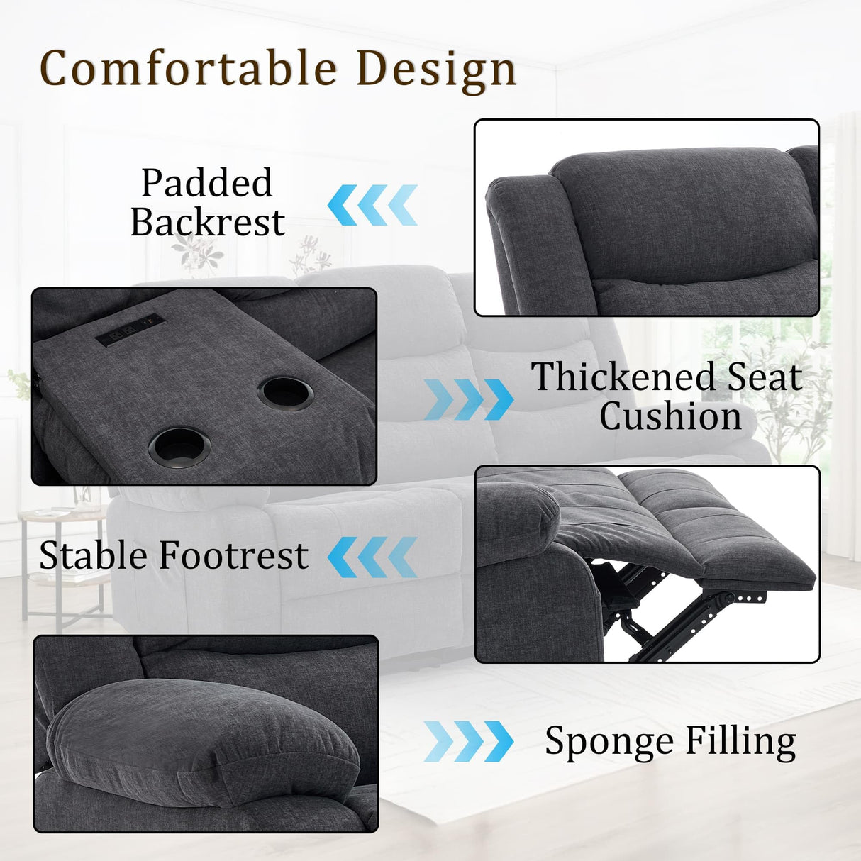 Korser Recliner Sofa, Reclining Loveseat with Console, Oversized Reclining Couch with Drop Down Table, 3-Seater Sofa with Cup Holder and Recessed Power Strip, Grey Korser