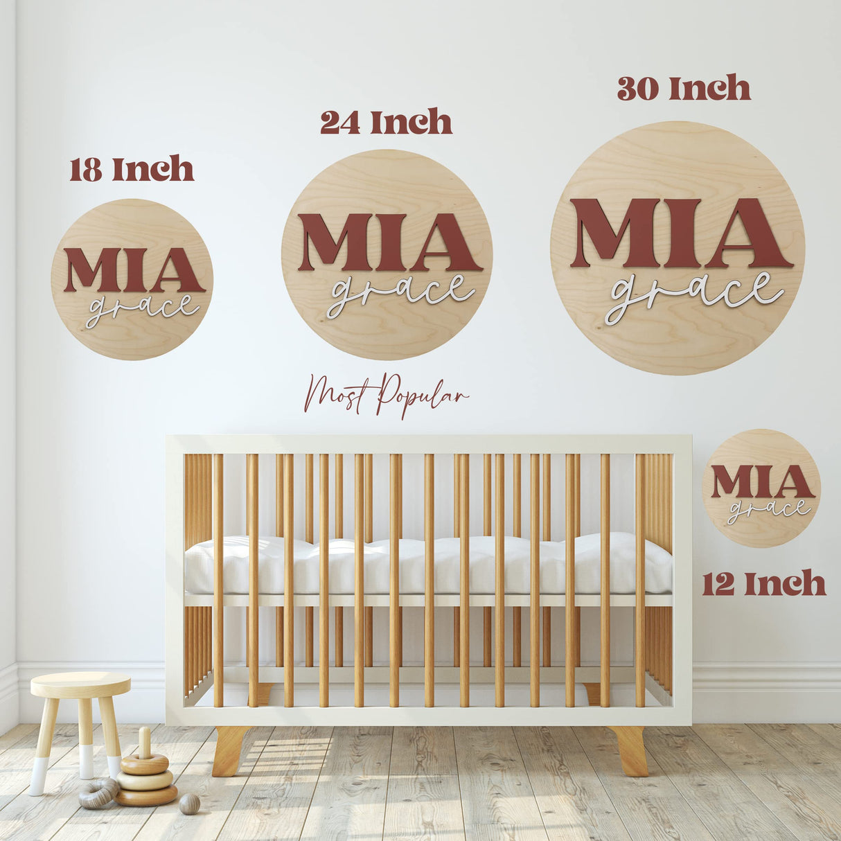 Custom Round Nursery Name Sign, Personalized Wooden Wall Plaque, 12" 18" 24" 30" 3D Wall Art for Children & Kids Rooms, Baby Shower, Hickory Hollow Hickory Hollow Designs