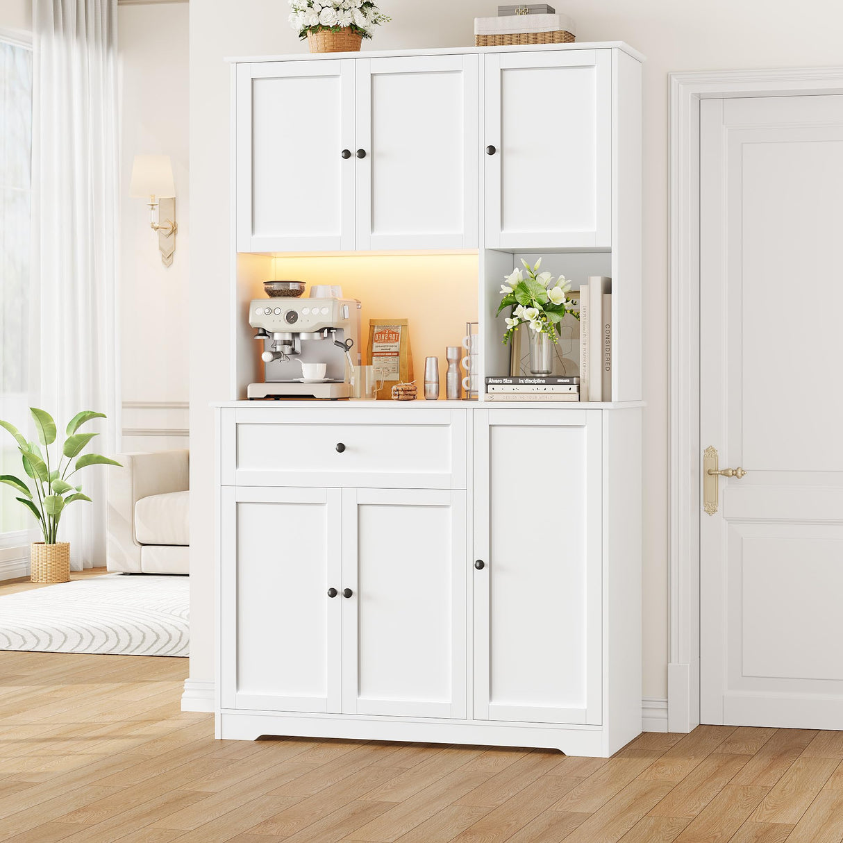 FINETONES Pantry Cabinet with Charging Station and LED Lights, 71" Tall Kitchen Pantry Cabinet with Microwave Stand, Modern Kitchen Hutch Cabinet with Storage Drawer for Kitchen, Dining Room, White FINETONES