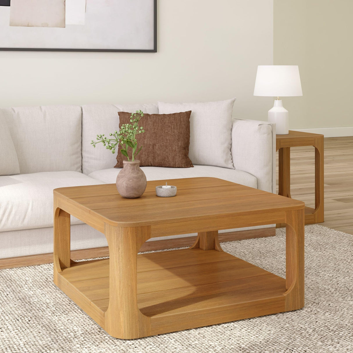Plank+Beam Forma Coffee Table, Solid Wood 36 Inch Modern Coffee Table with Shelf, Contemporary Center Table with Storage Space, Square Tea Table with Storage, Pecan Plank+Beam
