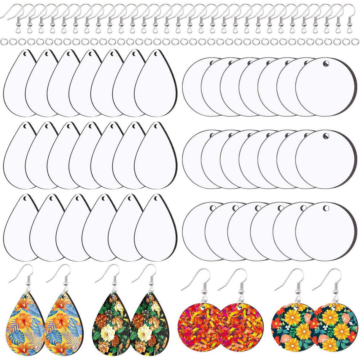 Duufin 120 Pcs Sublimation Earring Blanks with Earring Hooks and Jump Rings Heat Transfer Earring Blank Unfinished MDF Round & Teardrop Earring Blank for Christmas Valentine Halloween Women DIY Duufin