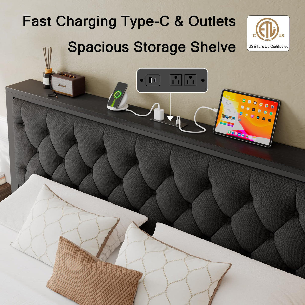 Einhomn King Size Bed Frame with 2 Storage Drawers, Metal Platform Bed with Charging Station, Upholstered Button Tufted Storage Headboard, No Box Spring Needed, Noise-Free, Easy Assembly, Black Einhomn