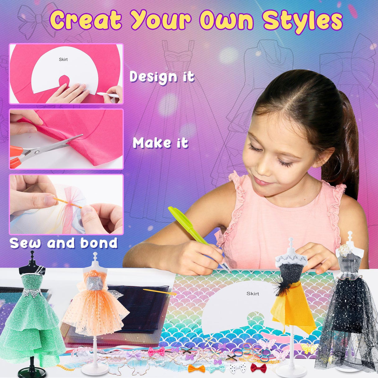 1000+ PCS Fashion Designer Kits for Girls - Sewing Kit with 4 Mannequins - DIY Arts and Crafts Kit Doll Clothes Making Set - Designer Dress Girls Toys for Age 6 7 8 9 10 11 12+ Year Old Gifts Aowjoy