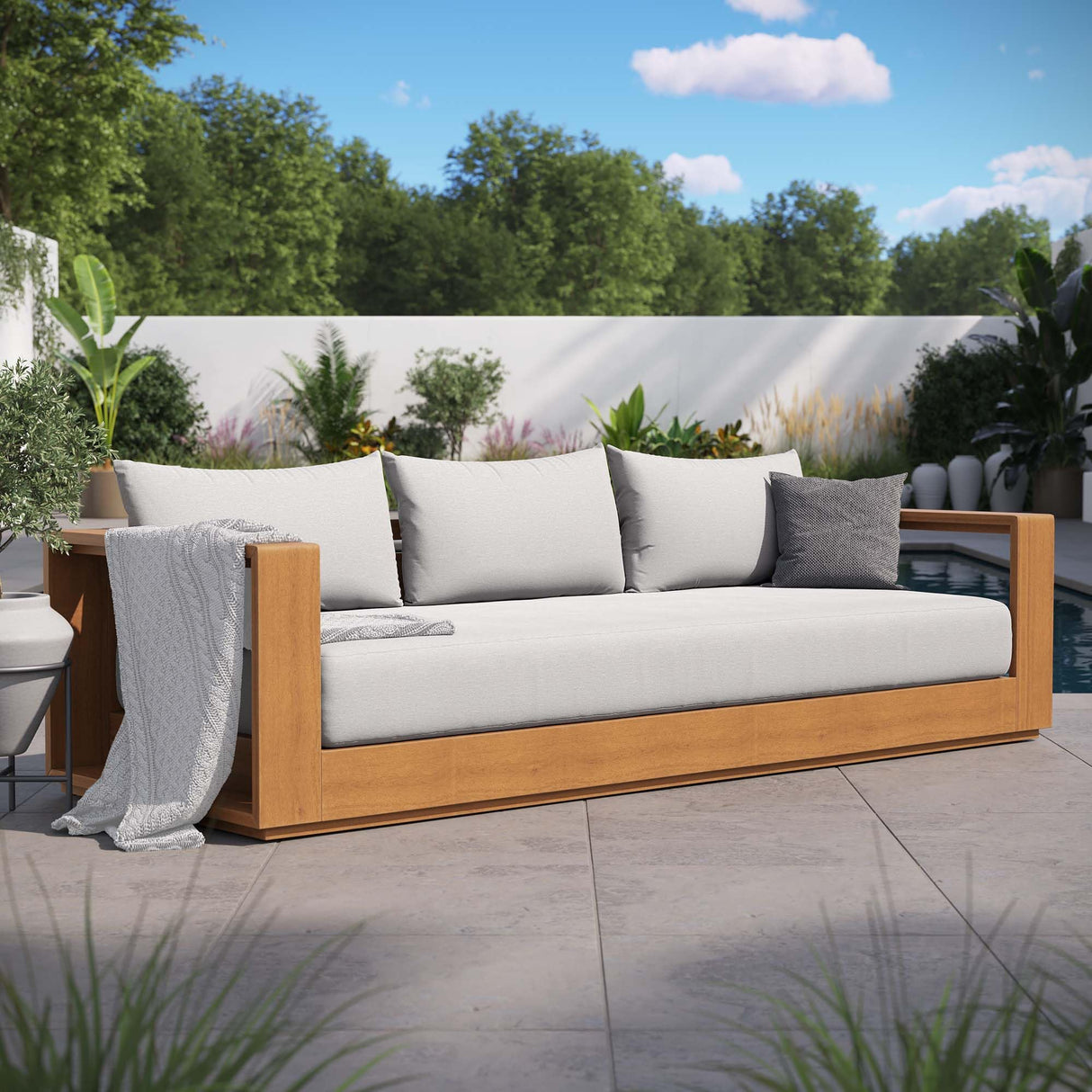 Modway Tahoe Acacia Wood Outdoor Patio Sofa in Natural Light Gray with Weather-Resistant Cushions - Ideal as a Porch Couch or Sunroom Sofa Modway