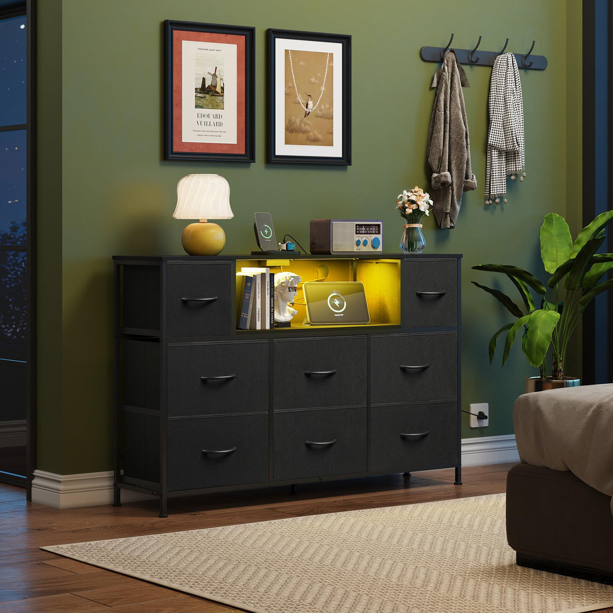 WLIVE Black Dresser for Bedroom, TV Stand for Bedroom for 55 inch TV with Charging Station and LED Lights, Fabric Chest of Drawers with Open Shelves, 8 Drawers Dressers for Living Room, Closet WLIVE