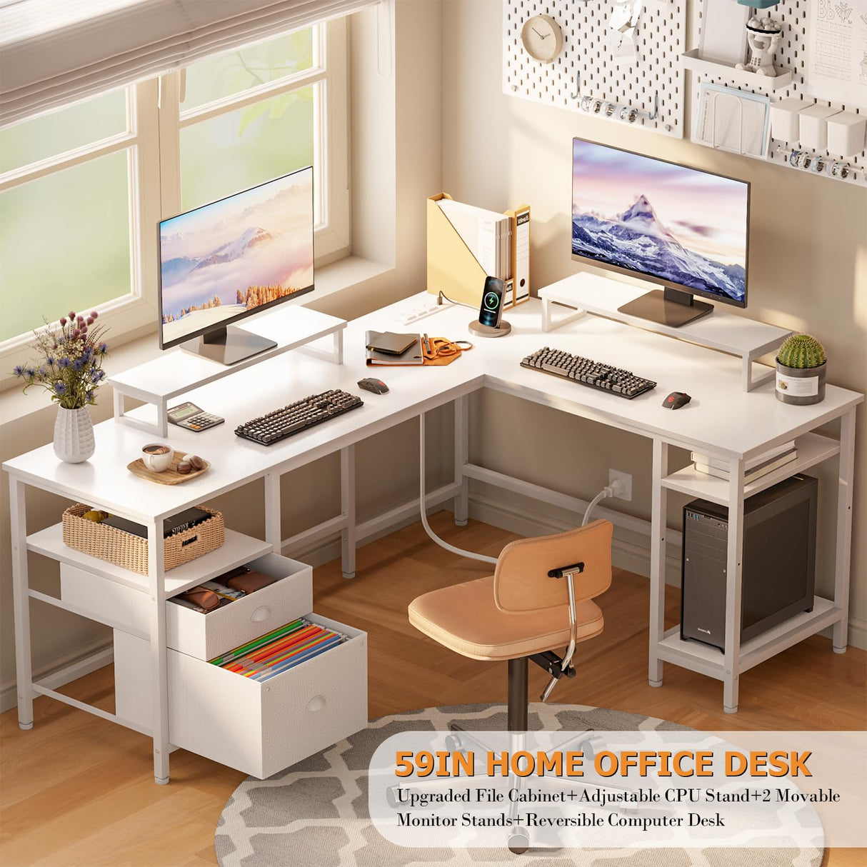 Furologee White 59” L Shaped Desk with Power Outlet, Reversible Computer Desk with File Drawer & 2 Monitor Stands, Corner Home Office Desk with Storage Shelves for Gaming Writing Furologee