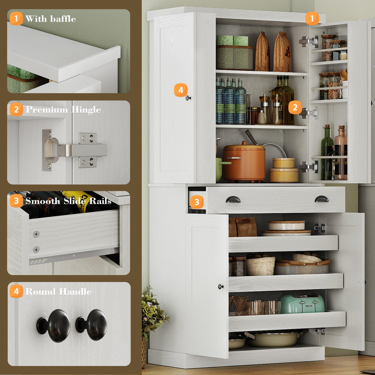 IRONCK Kitchen Pantry Cabinet with Sliding Storage Rack and 6 Hanging Shelves, 72" Height Tall Freestanding Cupboard for Living Room, Dining Room, Laundry, White IRONCK