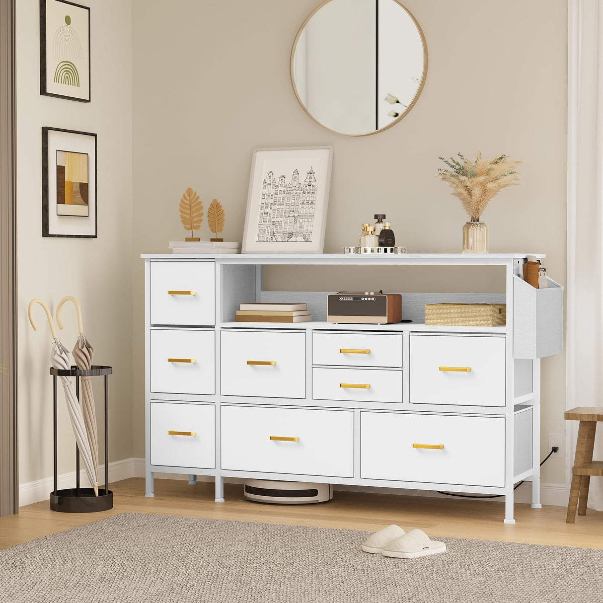 YITAHOME Dresser TV Stand for 55'', 9 Drawer Dresser with Power Outlet, Wide White Drawer with Metal Handle and PU Finish YITAHOME