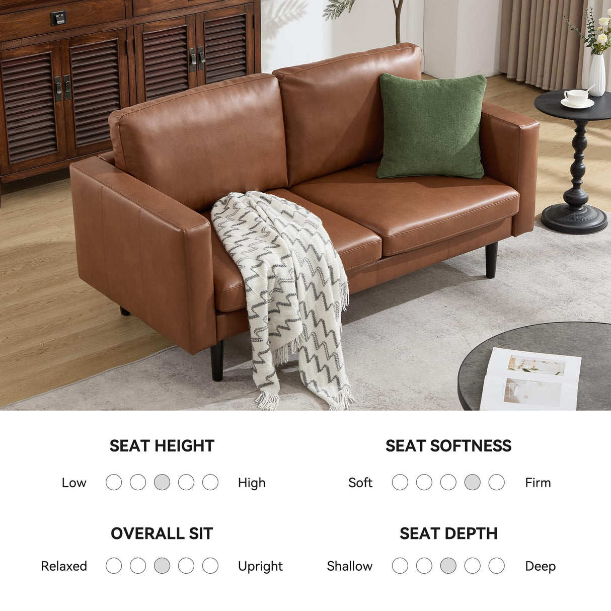 Kingfun 65" Loveseat Sofa, Faux Leather Love Seat Couch, Mid Century Modern Couch with Solid Wooden Frame for Living Room & Bedroom in Small Spaces, Coffee Kingfun