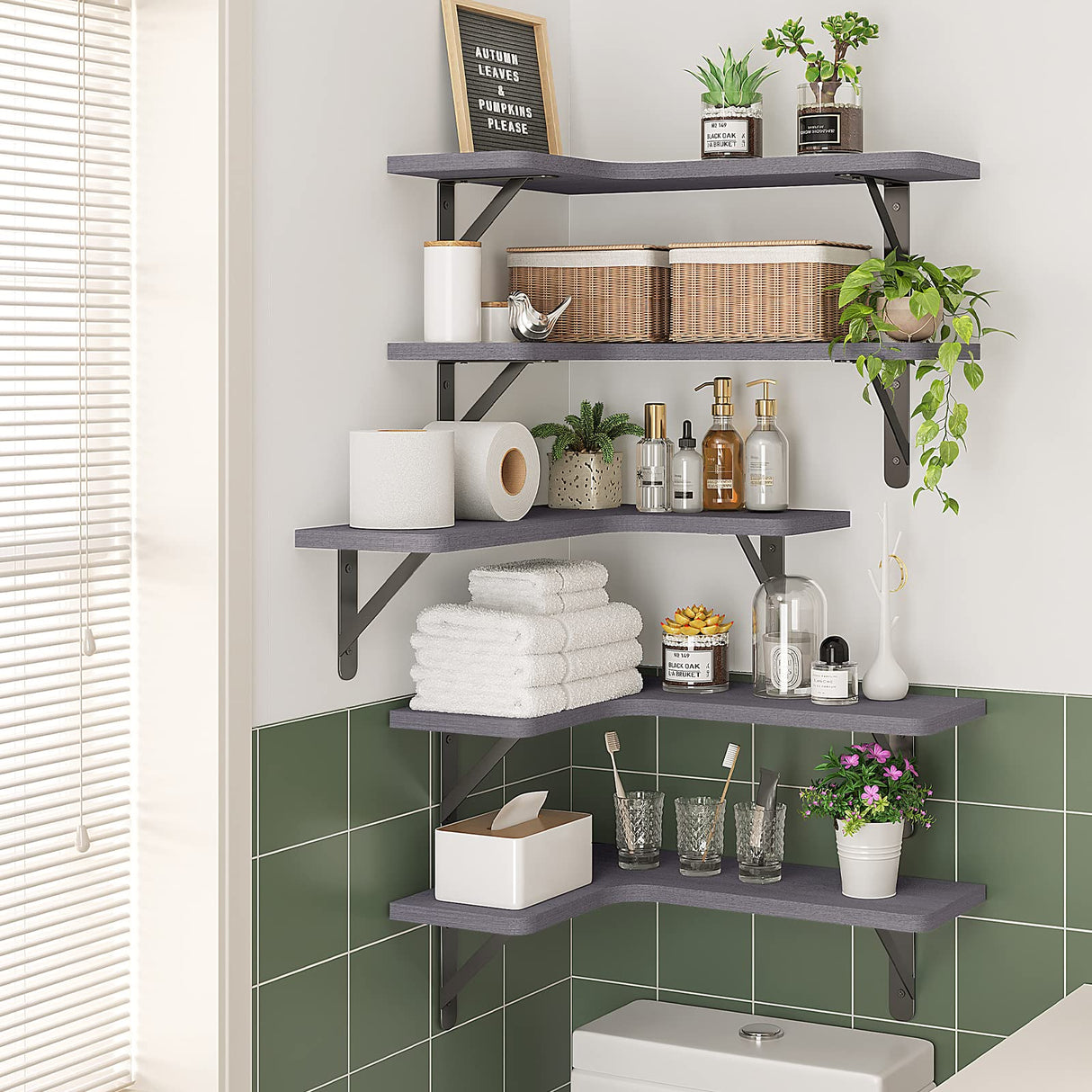 Fixwal Corner Floating Shelves Set of 5, Rustic Wood Wall Mounted Corner Shelf for Bathroom, Kitchen, Bedroom, Home Decor, Laundry Room, Living Room(Gray) Fixwal