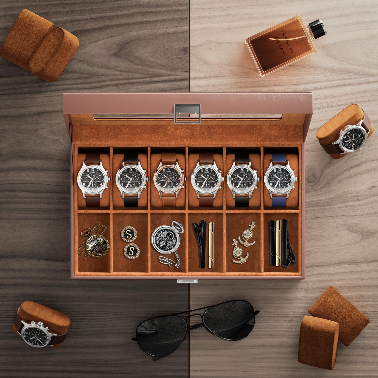 ProCase Watch Box Organizer for Men, 12 Slot Watch Display Case With Glass Lid, PU Leather Watch Storage Mens Watch Case, Watch Holder Organizer for Men Women -12 Slot, Brown ProCase