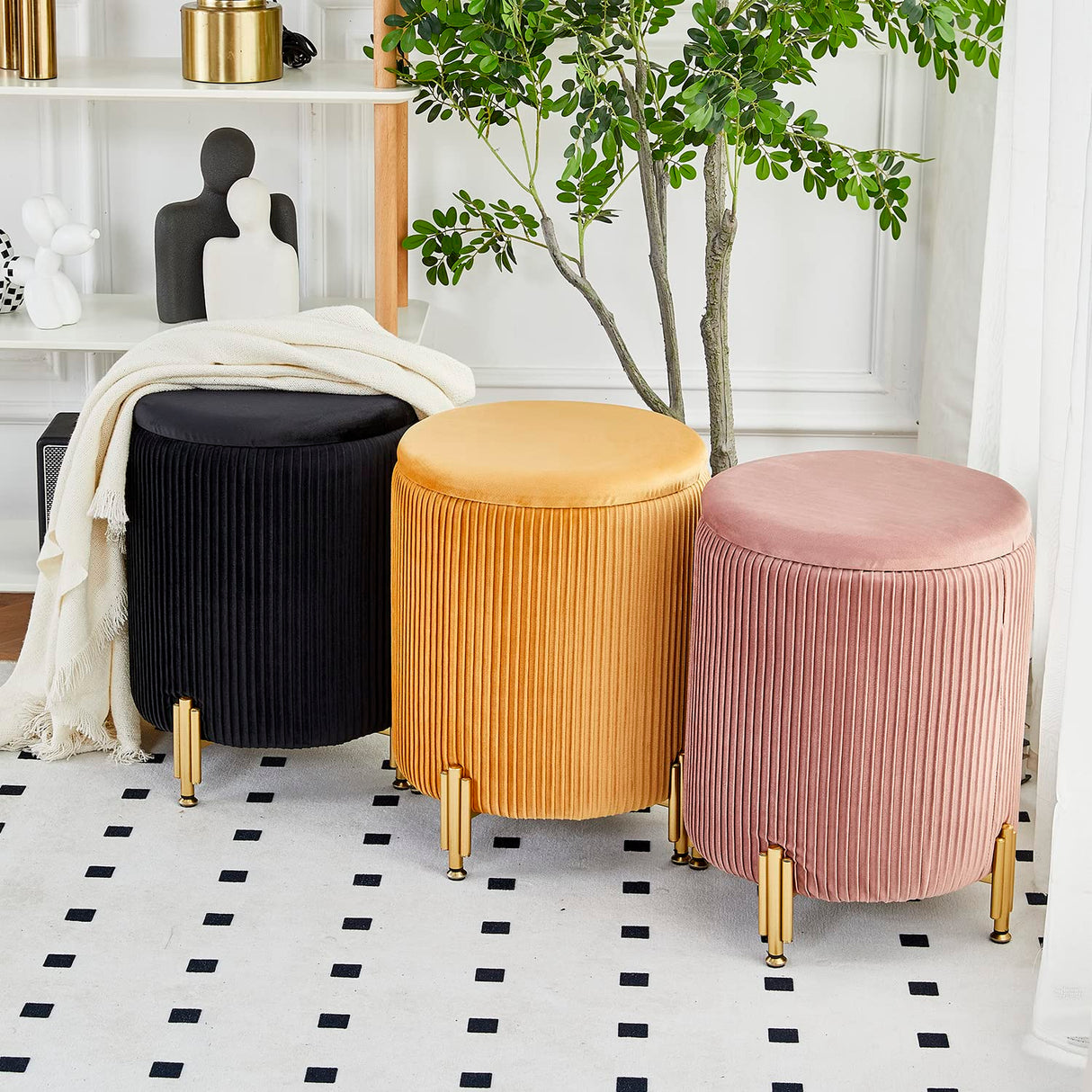 Mxfurhawa Round Ottoman Foot Stool with Storage and Metal Legs for Living Room Bedroom, Velvet Upholstered Footrest Stool Support 300lbs Modern Padded Seat Ottoman Coffee Table (Cream) Mxfurhawa